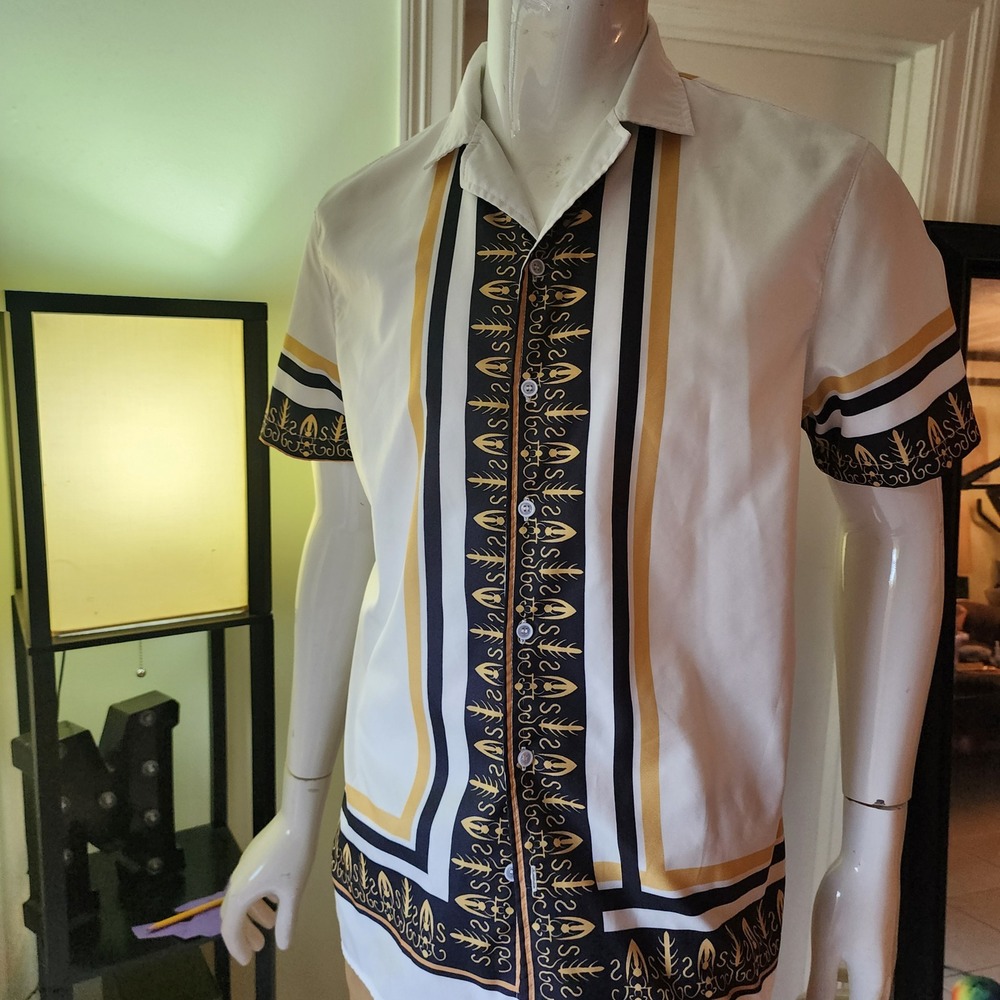 Mens Baroque Geometric Print Short Sleeve Button Down Shirt White Black Gold